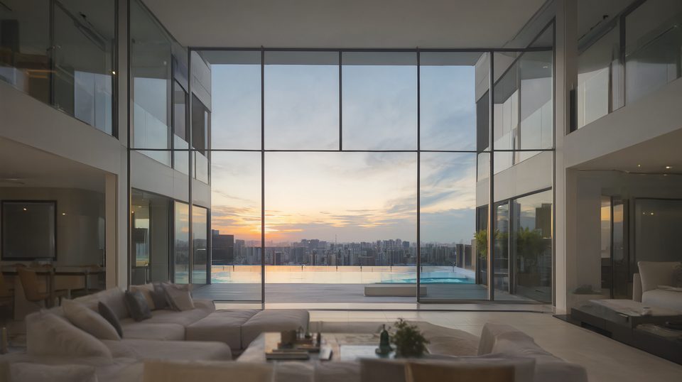 Cobertura de alto padrão com pano de vidro de pé-direito duplo e piscina no terraço