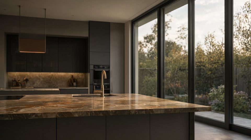 Cozinha integrada de alto padrão com pano de vidro de caixilho preto