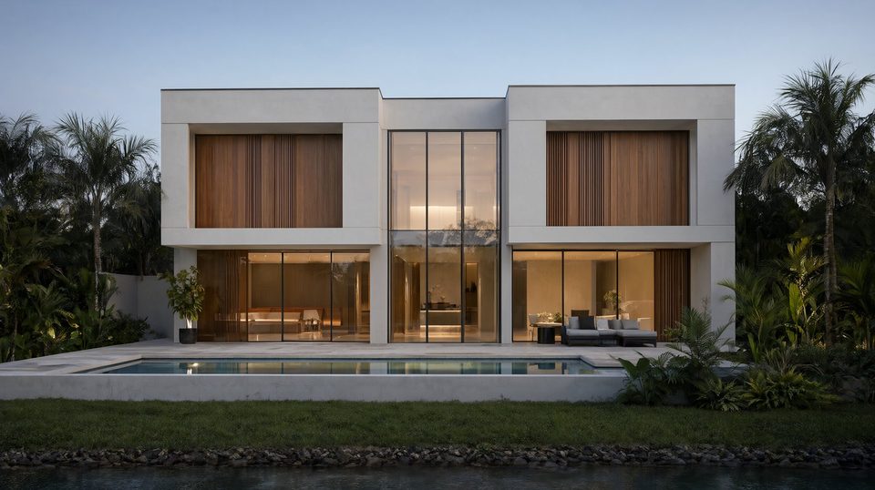 Casa de alto padrão de dois pavimentos com portas de correr de piso a teto voltadas para a piscina, na hora azul