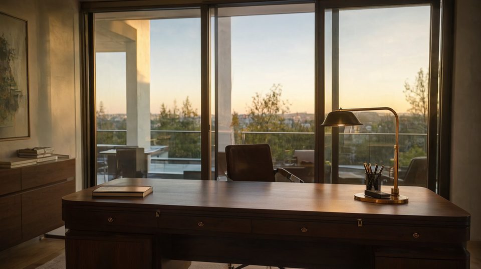 Home office de alto padrão com parede de vidro e porta de correr para o terraço ao pôr do sol