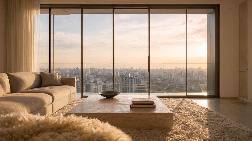 Sala de estar mobiliada, de alto padrão, com porta de correr de piso a teto voltada para a cidade