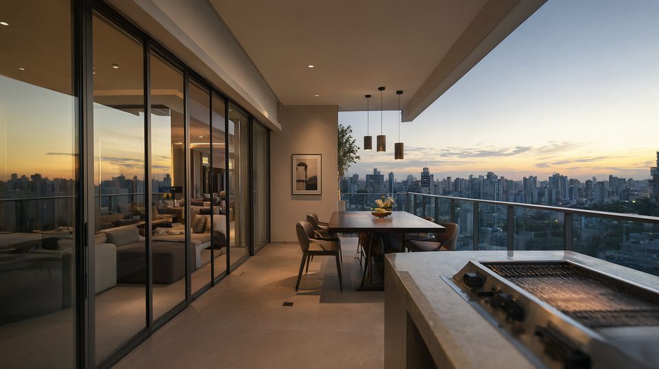 Varanda gourmet de alto padrão integrada à sala por portas de correr de grande vão