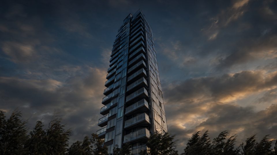 Torre residencial de vidro sob céu de vento ao entardecer